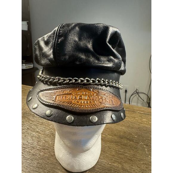 Harley Davidson Other - VTG 90s Harley Davidson Leather Captains Hat Studs/Chain Visor
